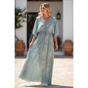Lexi Kimono Women's Maxi Dress Sage Green Metallic Details & decorative tassels
